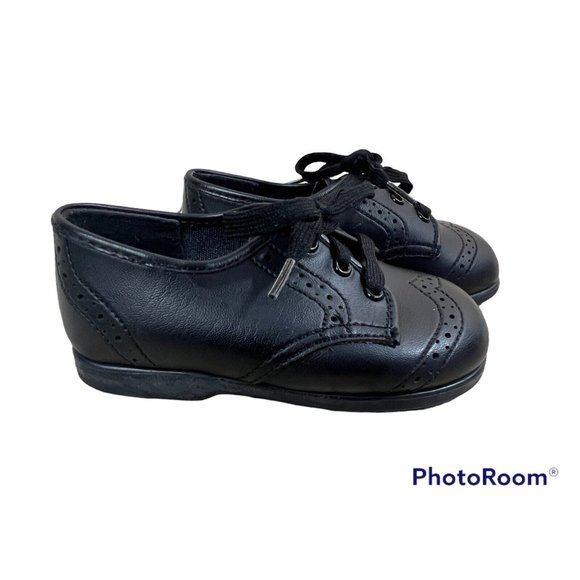 Vtg Small Steps Infant Toddler Shoes Boy Sz 5 Black Oxford Wingtip Made In USA - Picture 2 of 6